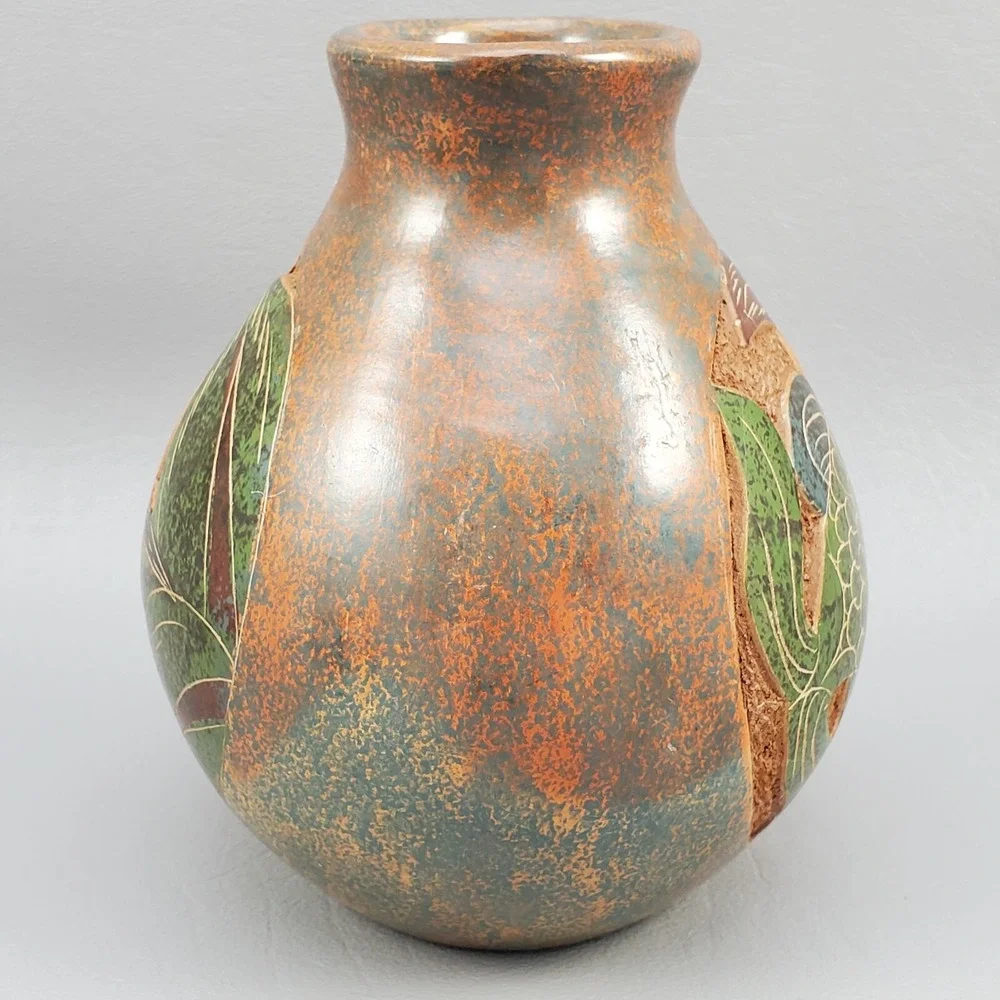 Costa Rica Art Pottery Vase Engraved Hand Crafted Double Sided Fish & Bird 4.5